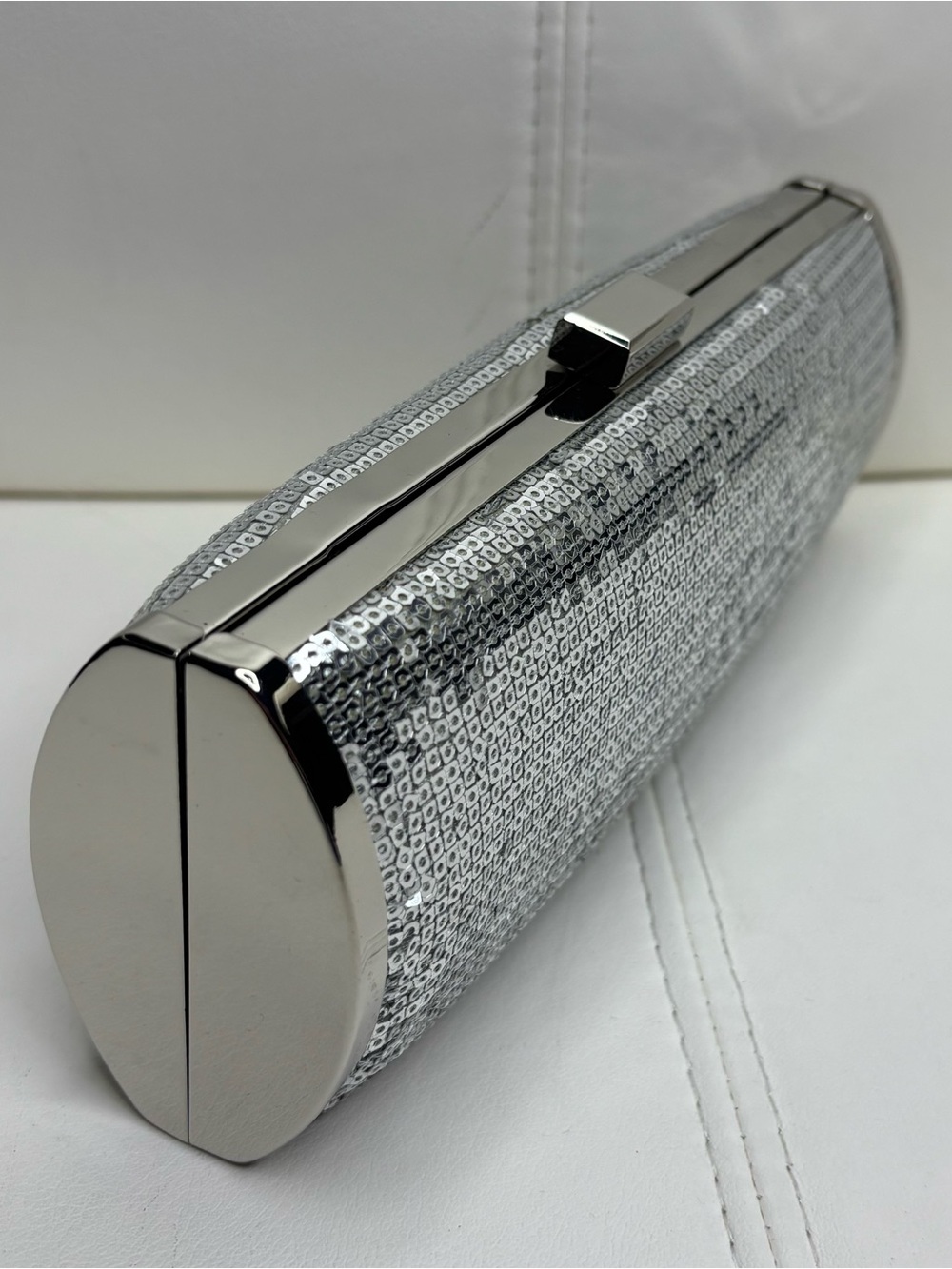 Silver Sequin Cylinder Clutch Bag